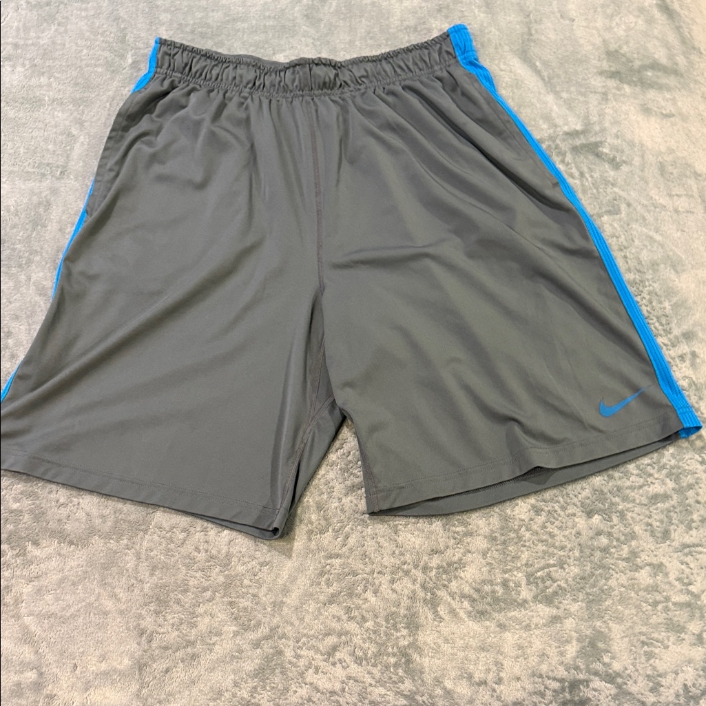Nike Men's Gray Athletic Shorts With Blue Mesh Trim, Size L
